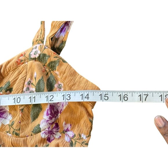 American Eagle Women's Babydoll Sundress Mustard Yellow Floral Smocked Back Cott - Picture 6 of 9